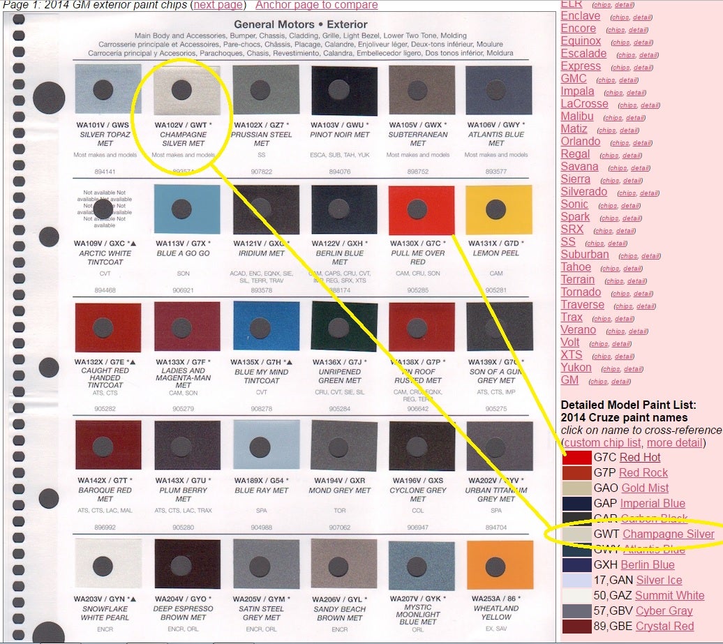 Chevrolet Color Chart 2012